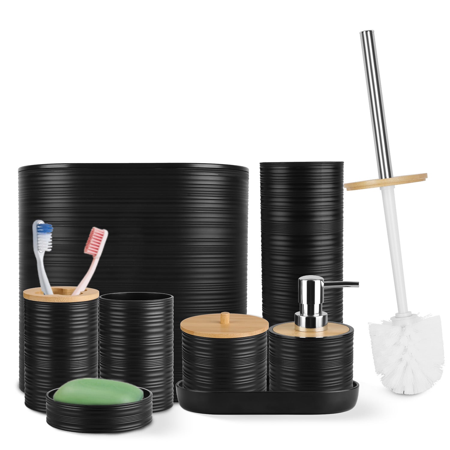 5 Farboptionen -- Set aus 8 Teilen Badezimmerezubehör-Set Badezimmerhalter-Set mit Seifenspender Zahnbürstenhalter Becher Seifenschale Toilettenreinigungsbürste Mülleimer Wattestäbchenhalter Schminktischtablett für Zuhause