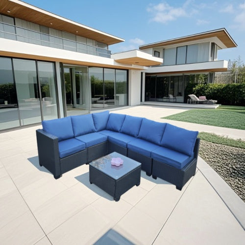Siebenteiliges Sofaset mit Tisch und Sessel, Schwarz, PE-Rattan, Außenmöbel 7-JH001, Karton 3-1-2-3 mit blauen Sitzkissen