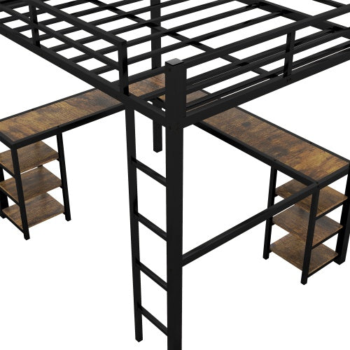 Vollständiges XL Metall-Hochbett mit Schreibtisch und Regalen, Hochbett mit Leiter und Geländern, Hochbett-Rahmen für das Schlafzimmer, Schwarz