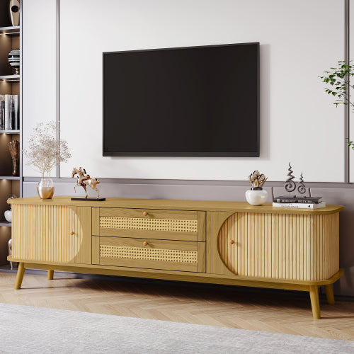 Rattan-Fernsehtisch für Fernseher bis 75 Zoll, modernes Bauernhaus-Medienbüfett, Unterhaltungszentrum mit massiven Holzbeinen, TV-Schrank für das Wohnzimmer, Heimkino