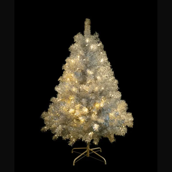 4FT Sliver Pre-Lit Artificial Christmas Tree, Hinged Full Tree With Metal Stand, 400 Branch Tips, 150 LED Lights,11 Lighting Modes, Holiday Decoration Tree For Indoor And Outdoor