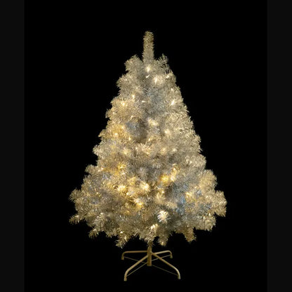 4FT Sliver Pre-Lit Artificial Christmas Tree, Hinged Full Tree With Metal Stand, 400 Branch Tips, 150 LED Lights,11 Lighting Modes, Holiday Decoration Tree For Indoor And Outdoor