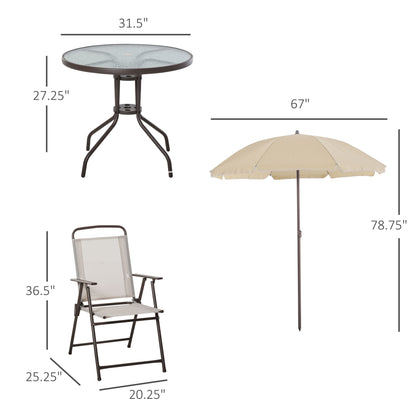 6-teiliges Terrassen-Essenservice mit Sonnenschirm, Klappstühlen und Glastisch, Beige – Aufbau für Mahlzeiten im Freien