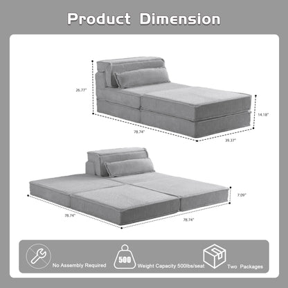 Kompressions-Mahjong-Sofa, Umwandelbares Boden-Sofabett, DIY Knochenloses Modulares Sektionssofa, Keine Montage erforderlich, Kreisförmiger Fleece-Stoff, Überdimensionierter Einzelplatz mit 1 Kissen und 1 Hocker, Hellgrau
