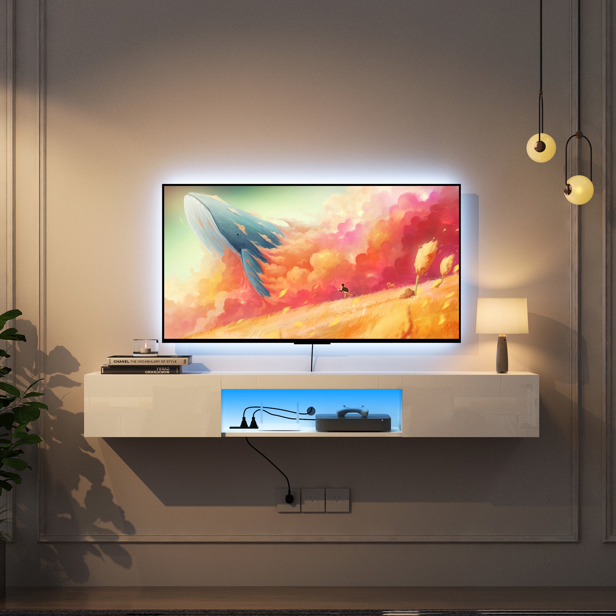 Schwebender TV-Ständer Wandmontiert mit 16-farbigen LEDs, Moderner TV-Ständer, Schwebender TV-Schrank Entertainment-Center für 55 60 65 Zoll TV, Weiß