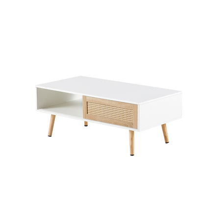 Rattan Couchtisch mit Schiebetür und massiven Holzbeinen - Modernes Wohnzimmer