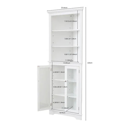 FRALIMK Mattweiß Hoher Eckschrank für die Ecke, Bodenspeicher Schmale Organisatoren mit Doppeltür aus Glas und einstellbaren Regalen