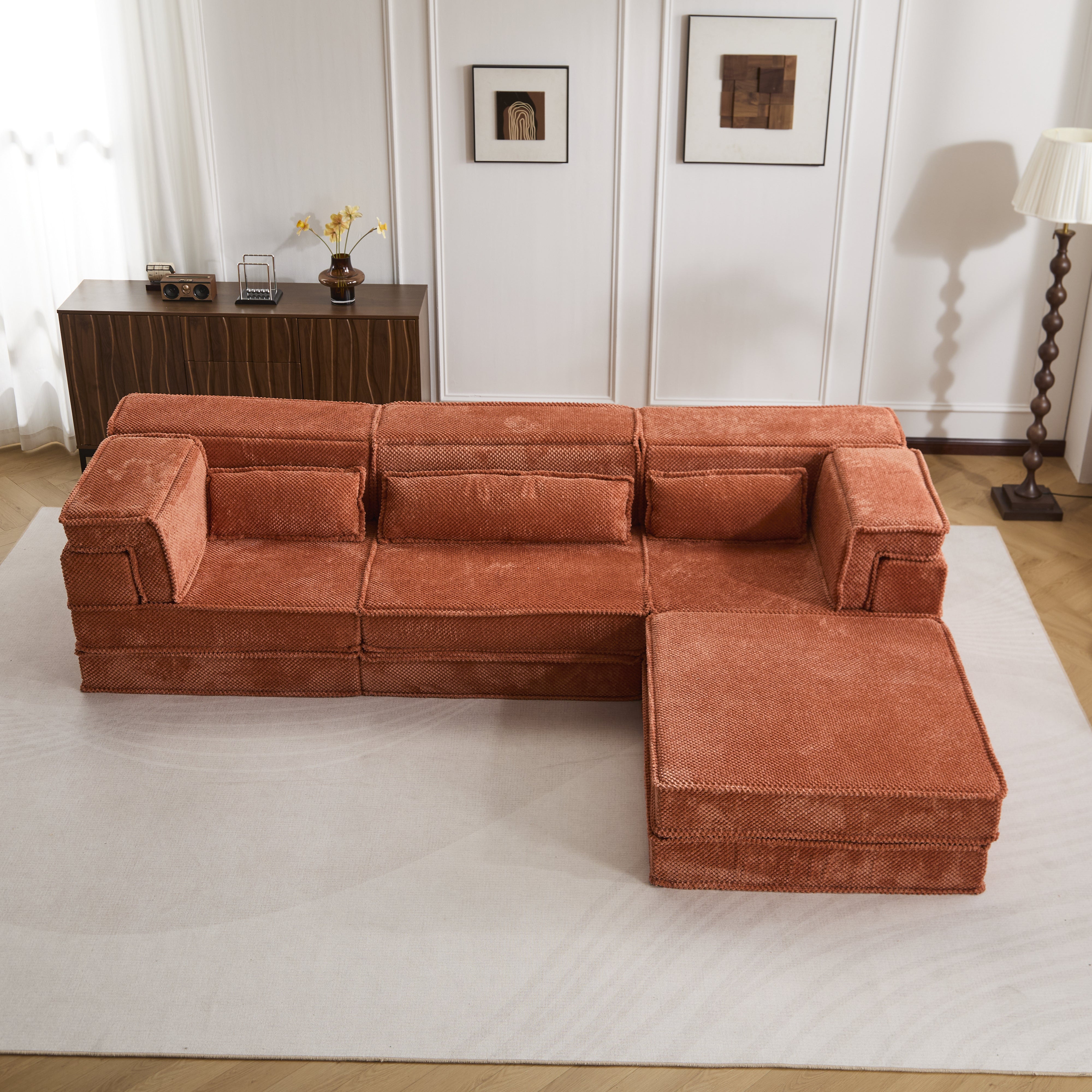 Kompressions-Mahjong-Sofa, Umwandelbares Boden-Sofabett, DIY Knochenloses Modulares Sektionssofa, Keine Montage Erforderlich, Kreisförmiger Fleece-Stoff, Überdimensioniertes 3-Sitzer-Sofa mit 1 Hocker, Orange