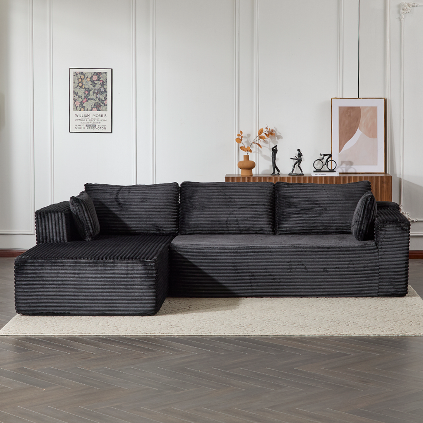 Kompressions-Sektionale Couch mit bequemer Chaise, knochenlose L-förmige Sofa mit tiefer Sitzfläche, minimalistisches modulares Couch-Sofabett für Wohnzimmer, Schlafzimmer, Apartment und Lounge, Corduroy, Schwarz