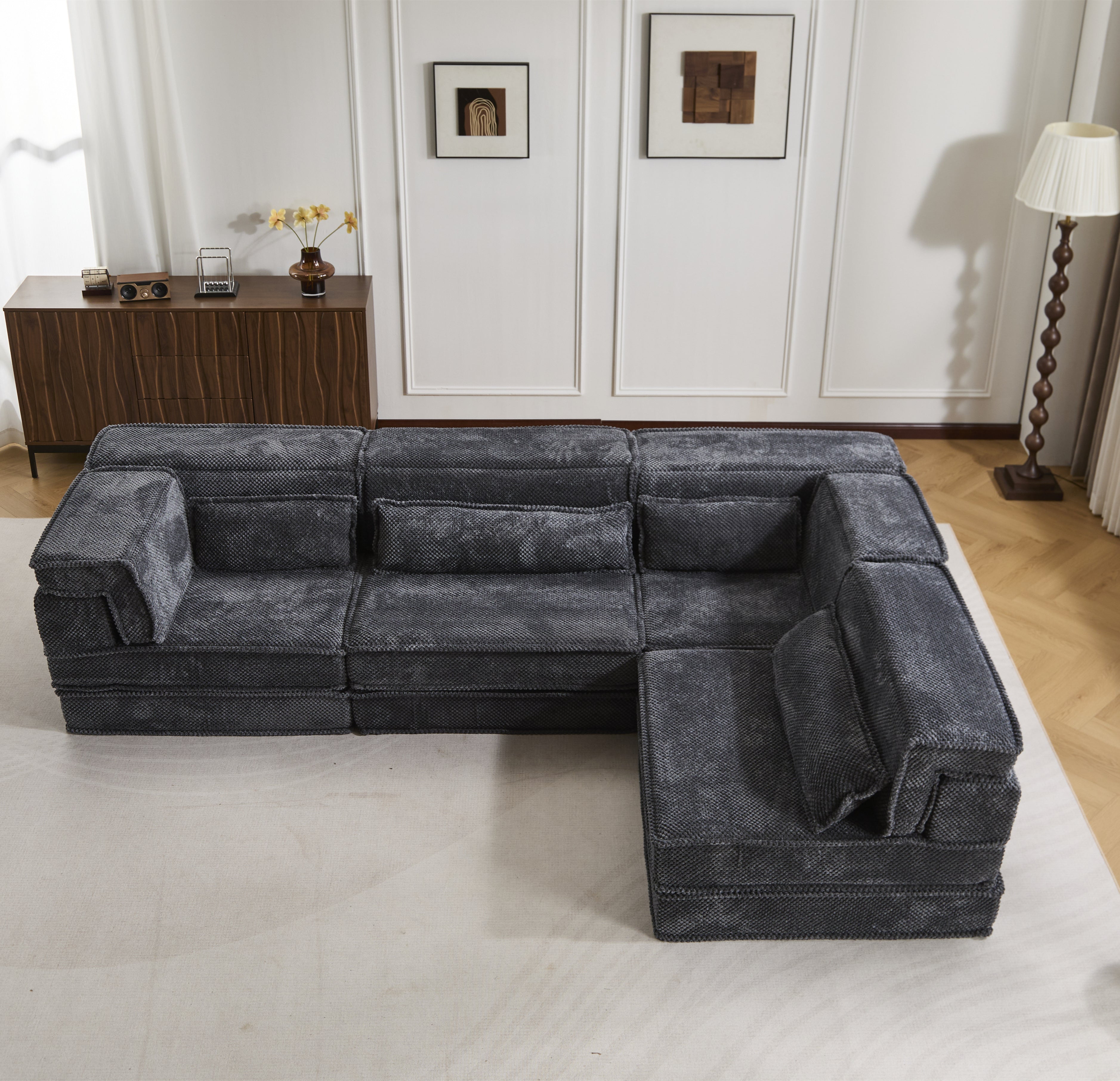 Kompressions-Mahjong-Sofa, Umwandelbares Boden-Sofabett, DIY Knochenloses Modulares Sektionssofa, Keine Montage Erforderlich, Kreisförmiger Fleece-Stoff, Überdimensioniertes 4-Sitzer-Sofa mit 4 Kissen, Dunkelgrau