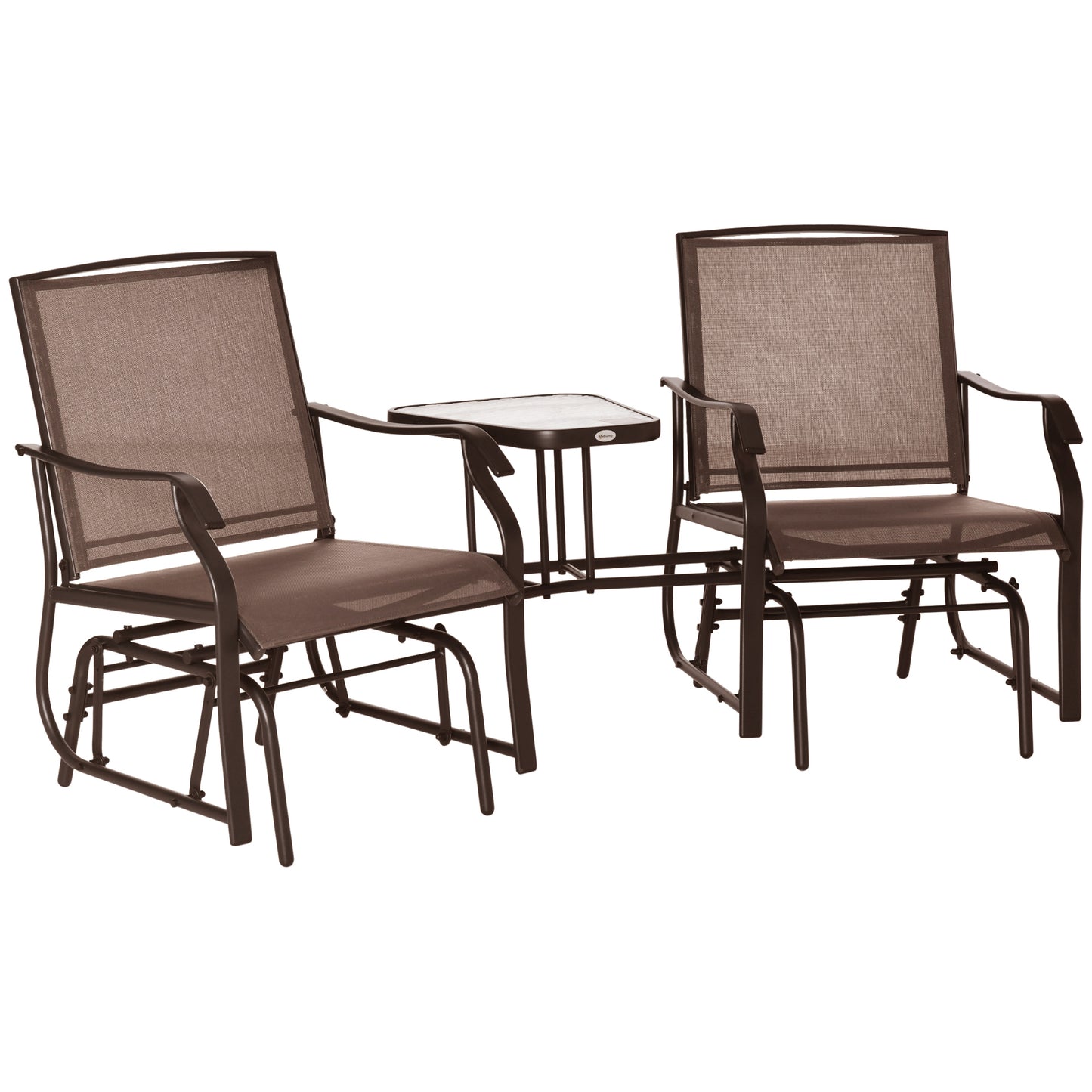 2-Sitz-Schaukelstuhl für draußen, Doppelter unabhängiger Schaukelstuhl, Mit zentralem Couchtisch, Atmungsaktives Sling-Stoff, Kaffeebraun