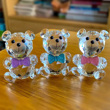 Three faceted clear crystal teddy bear figurines with glittery bow ties in purple teal and pink for bedroom decor