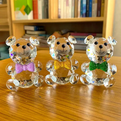 Three faceted clear crystal teddy bear figurines with colorful bow ties purple gold and green for bedroom decor