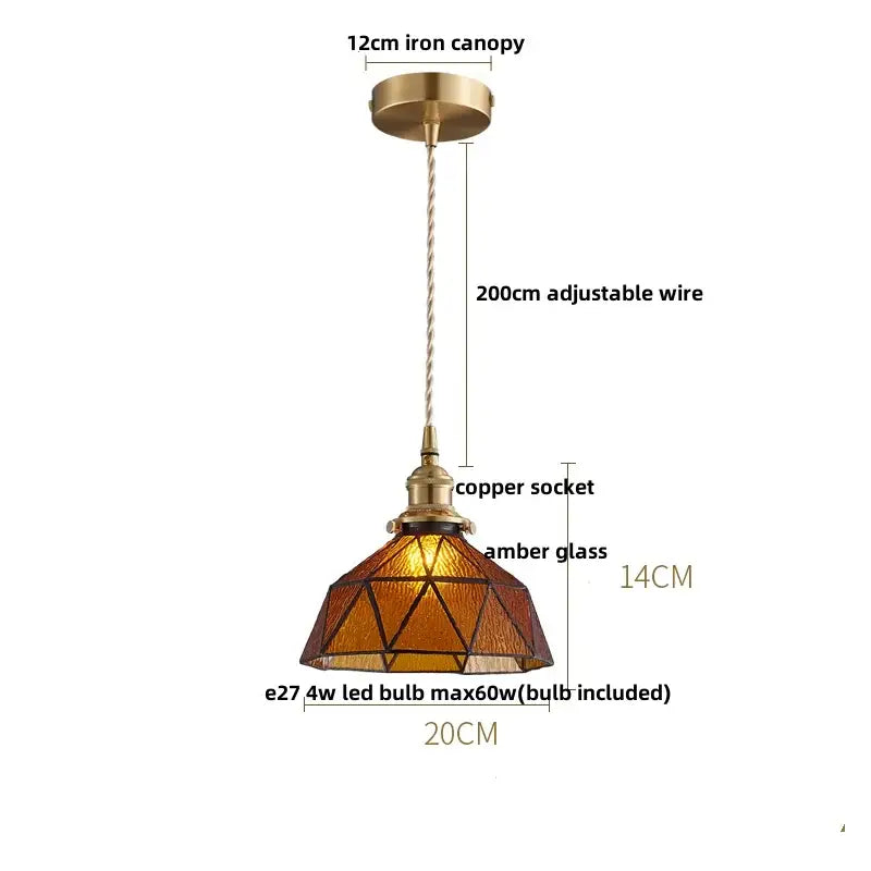 Vintage-style pendant lamp with brass iron canopy copper socket and amber faceted clear glass copper shade for dining room
