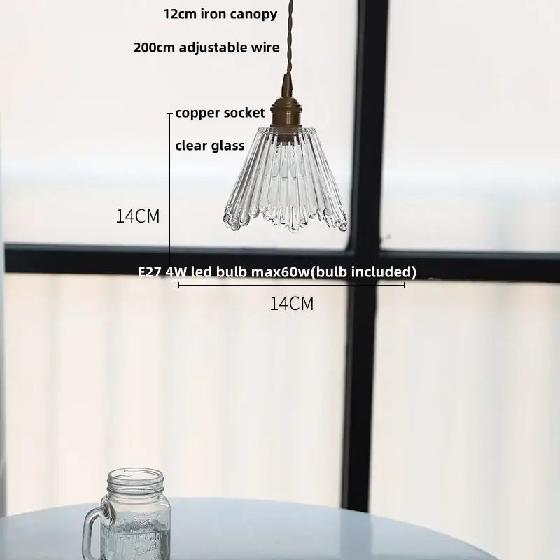 Faceted clear glass copper pendant lamp with fluted fan-shaped shade and antique brass socket for dining room decorbites clear glass