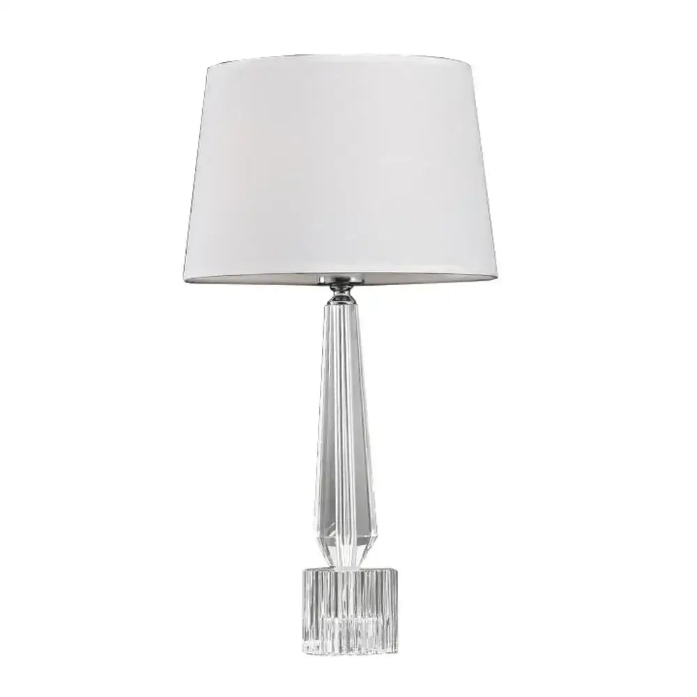 Faceted crystal table lamp with remote control featuring clear crystal base and white fabric shade for bedroom decorbites crystal table