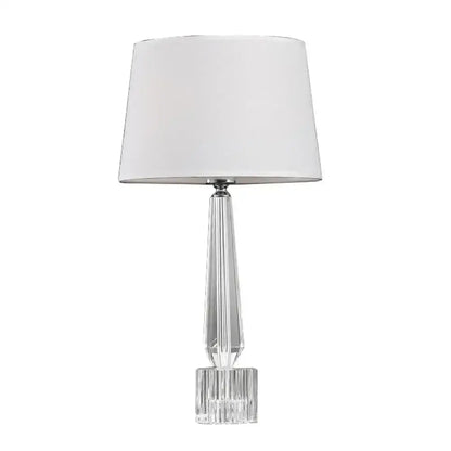 Faceted crystal table lamp with remote control featuring clear crystal base and white fabric shade for bedroom decorbites crystal table