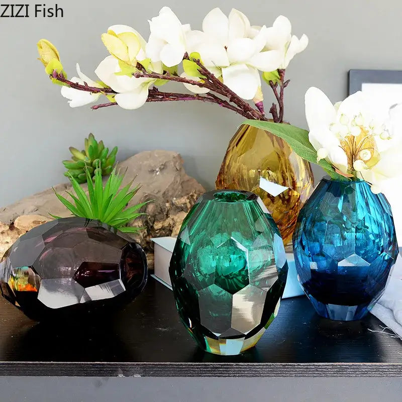 Set of three faceted glass vases in emerald green, deep blue, and decorbites amber glass for office desk decor