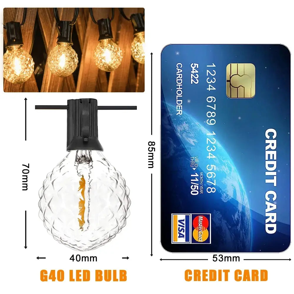 Clear faceted g40 string lights bulb with black plastic housing and visible filament for outdoor garden use