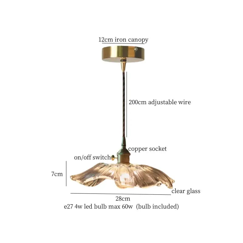 Antique brass-finished faceted glass pleats led pendant light with clear flower-shaped shade and adjustable 200cm wire for dining room