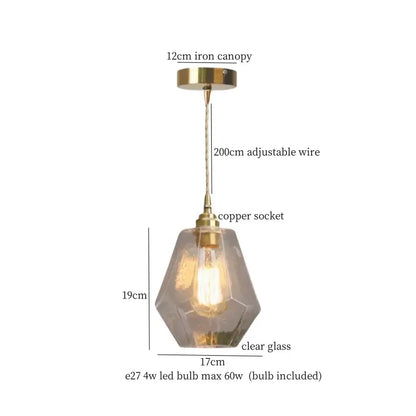 Faceted glass pleats led pendant light with clear faceted glass shade, brass canopy, and copper socket for dining room