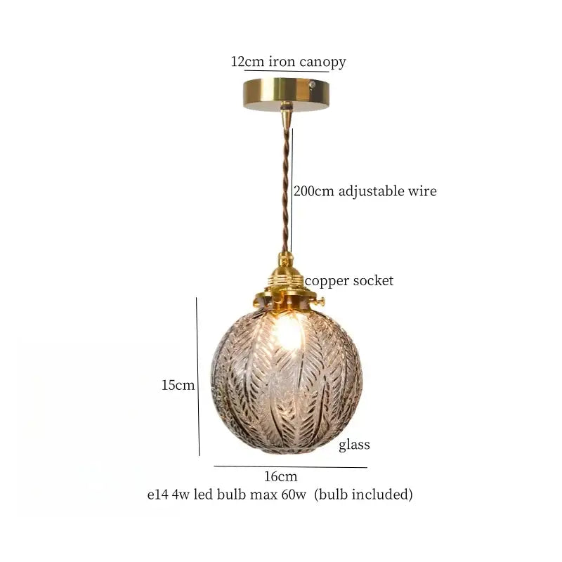 Spherical textured glass pleats led pendant light with brass iron canopy and copper socket for dining room lighting