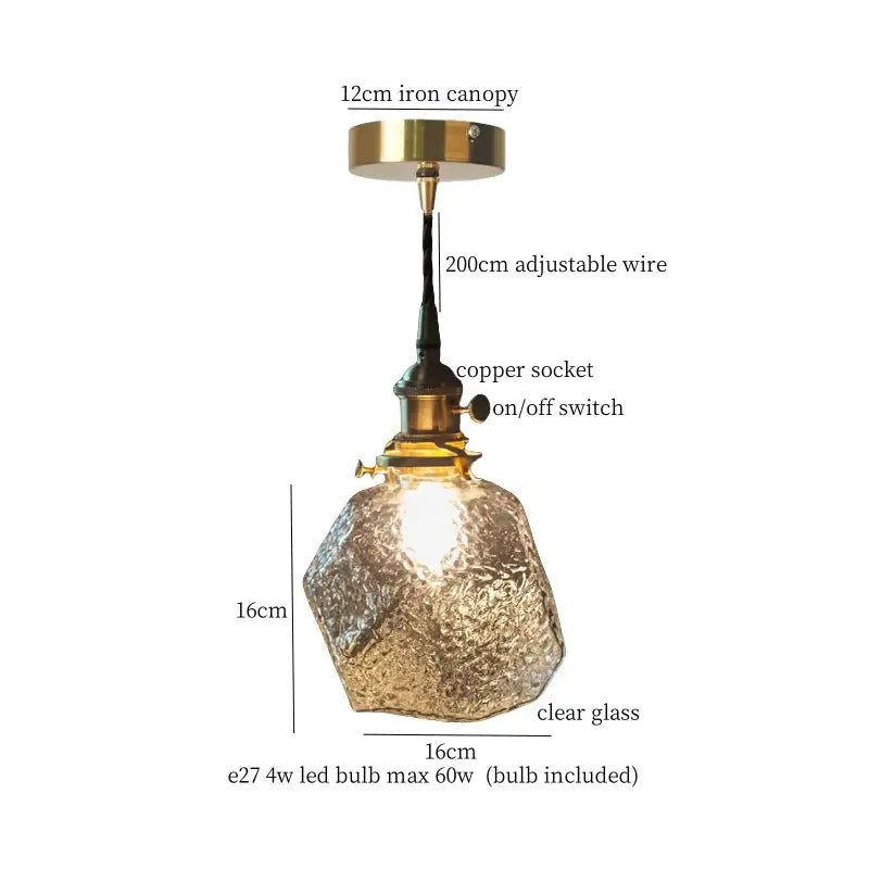 Faceted glass pleats led pendant light with textured clear glass shade brass canopy and copper socket for dining room