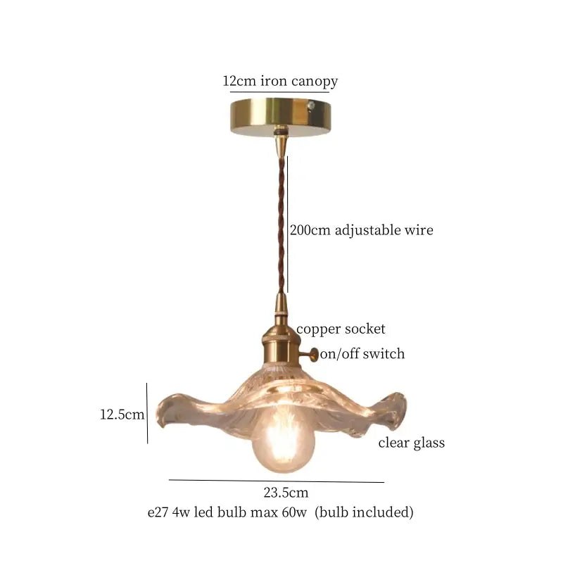 Faceted glass pleats led pendant light featuring a brass iron canopy copper socket and clear glass shade for dining room