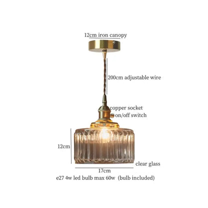Faceted glass pleats led pendant light with clear ridged glass shade and brass iron canopy for dining room use