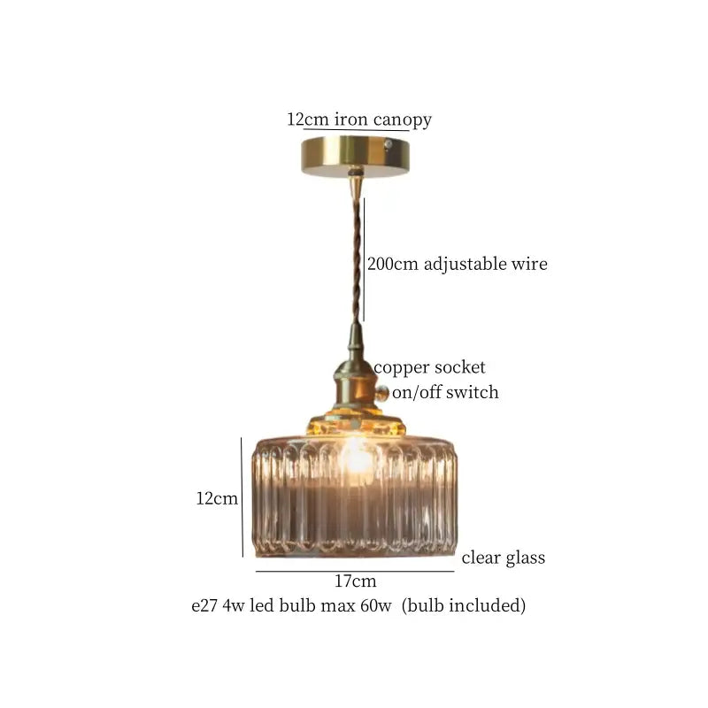 Faceted glass pleats led pendant light with clear ridged glass shade and brass iron canopy for dining room use