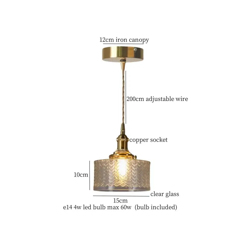 Faceted glass pleats led pendant light with brass canopy copper wire and embossed wave clear glass shade for dining room