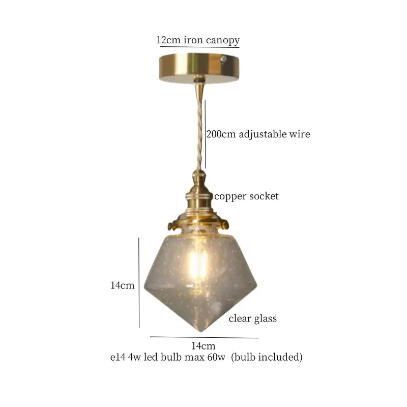 Faceted glass pleats led pendant light with brass canopy, adjustable copper wire, and clear glass shade for dining room