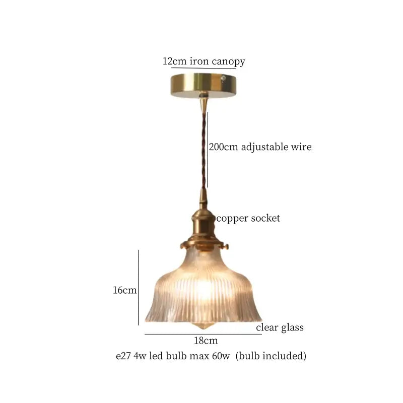 Faceted glass pleats led pendant light with brass finish, adjustable copper wire, and clear ribbed glass shade for dining room