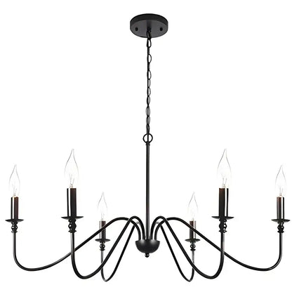 Farmhouse black 6-light chandelier with wrought iron frame and candle-style bulbs by decorbites black for dining room decor