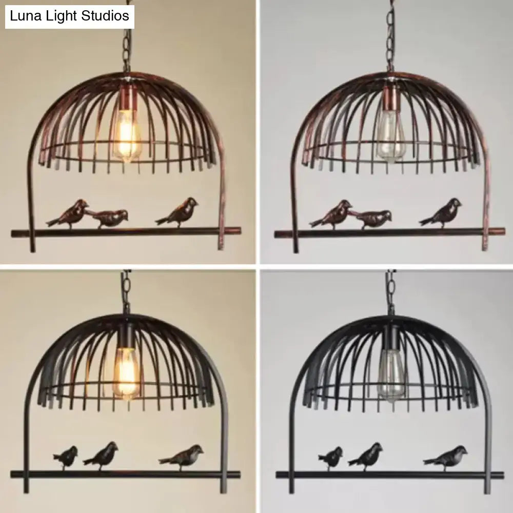 Farmhouse black metal birdcage light fixture with three birds and edison bulb for dining room ceiling light fixture