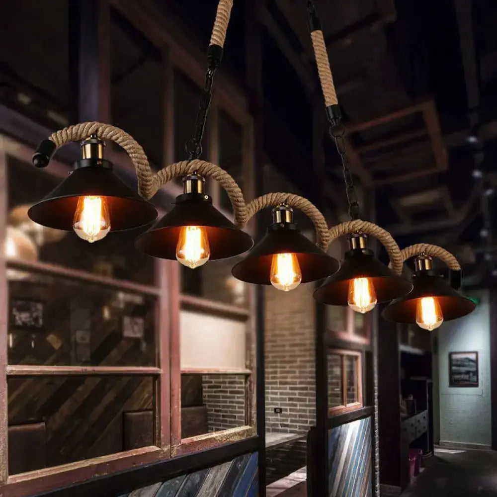 Black metal and rope pendant light with farmhouse style wavy conic design and exposed edison bulbs 220v-240v 110v-120v