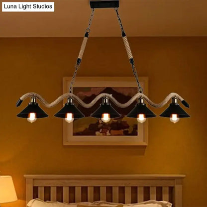 Black metal and rope farmhouse style pendant light fixture with five conical shades for 110v-120v and 220v-240v use