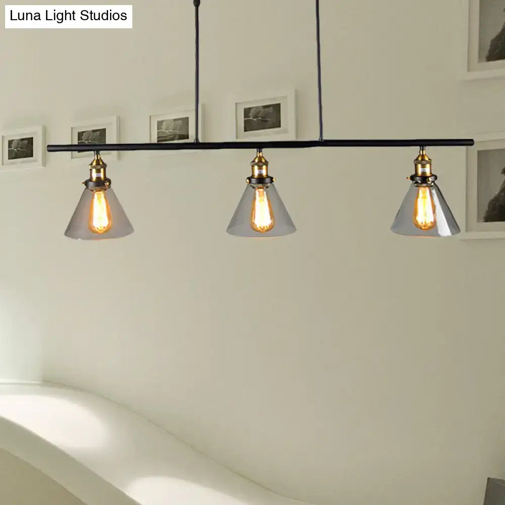 Black DecorBites farmhouse cone shade pendant light with three frosted clear glass shades and brass accents for dining room compatible with 220v-240v 110v-120v