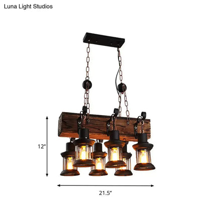 Rustic decorbites farmhouse ceiling pendant light with five clear glass lanterns brown wood block top and black metal chains