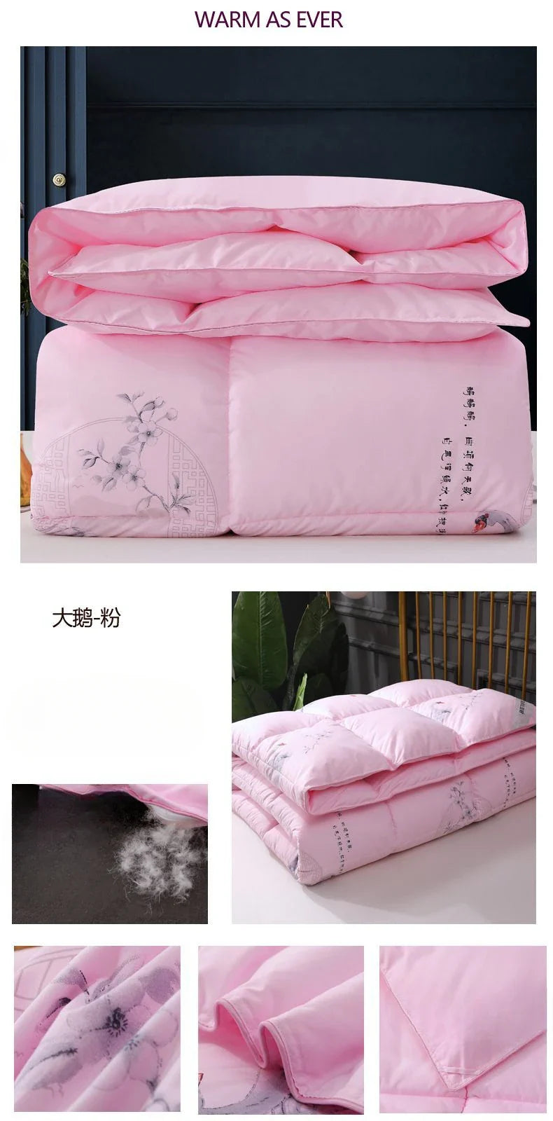 Pink quilt with delicate floral embroidery and plush filling made of white goose down for comfortable winter bedding