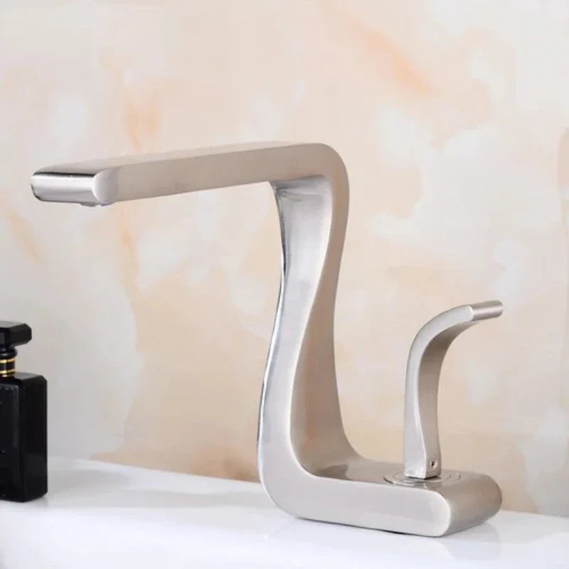 Modern single hole bathroom faucet with brushed stainless steel housing material and sleek curved single handle design