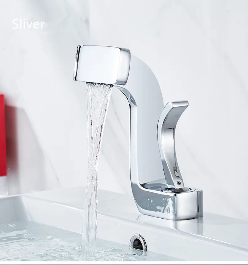 Chrome-finished modern single hole faucet with sleek curved design square spout and durable brass housing material