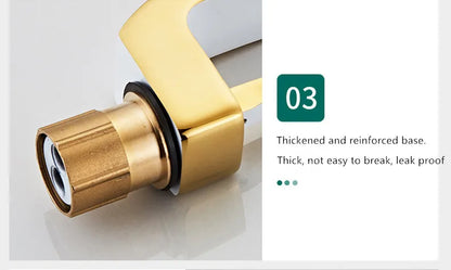 Gold-colored brass single hole bathroom faucet with thickened reinforced base housing material for durability