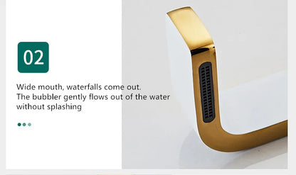 Gold-colored single hole brass faucet with wide mouth waterfall spout featuring sleek metallic housing material finish