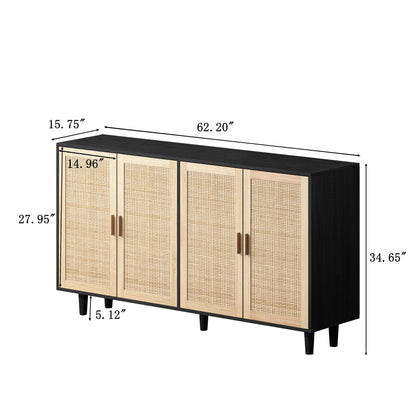 62,20 Elegantes und funktionales 4-Türenschrank aus Rattan für dekorative Aufbewahrung, für Schlafzimmer, Wohnzimmer, Büro, einfache Montage, Schwarz