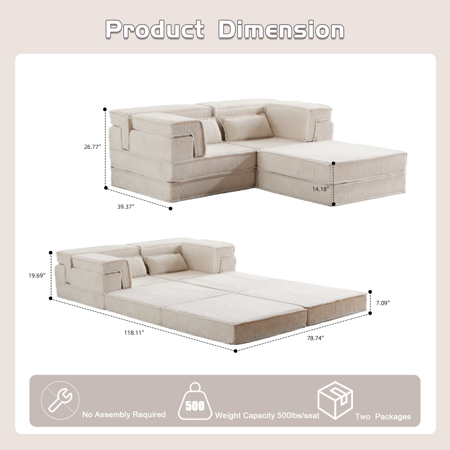 Compression Mahjong Sofa,Convertible Floor Sofa Bed,DIY Boneless Modular Sectional Sofa,No Assembly Required,Circle Fleece Fabric,Oversized 2 Seater With 1 Ottoman,White