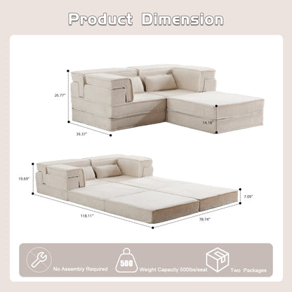 Compression Mahjong Sofa,Convertible Floor Sofa Bed,DIY Boneless Modular Sectional Sofa,No Assembly Required,Circle Fleece Fabric,Oversized 2 Seater With 1 Ottoman,White