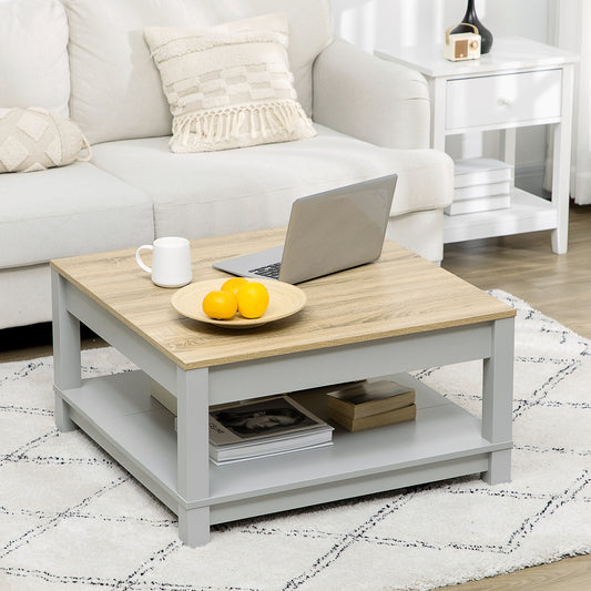 Quadratischer Couchtisch mit Stauraum für das Wohnzimmer, Natur/Grau