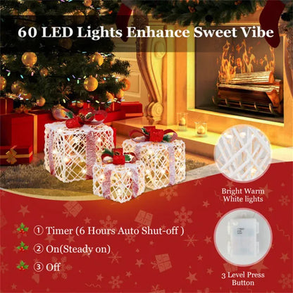 3-teilige Flauschige Weihnachtsgeschenkkartons - 60 warme weiße LEDs, Timer-Funktion, weiß-rot festliche Dekoration