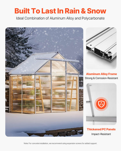 Polycarbonat-Gewächshaus, 6 x 4 Fuß, Freies Gewächshaus mit verstellbaren Belüftungsfenstern, Pavillon-ähnliches Gewächshaus mit Schiebetür, Aluminium-Großgewächshaus-Kit zum Gehen für Garten und Hinterhof